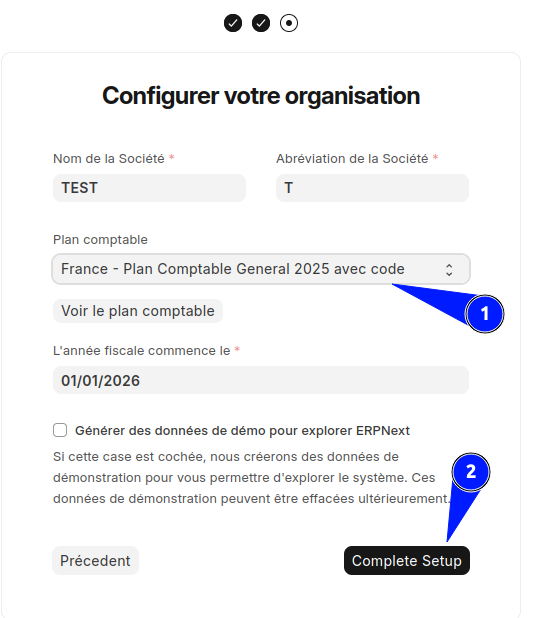 Configuration de l'entreprise dans ERPNext avec sélection du plan comptable français 2025.