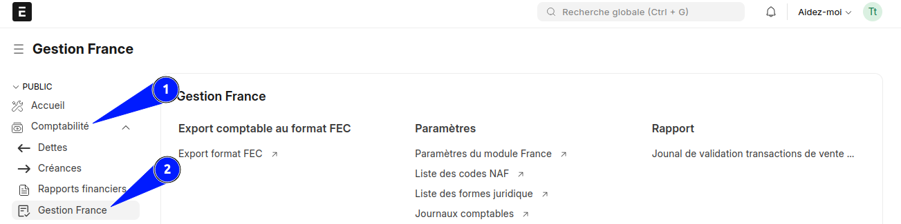 Interface du module Gestion France dans ERPNext listant les fonctionnalités d'export FEC et les paramètres.