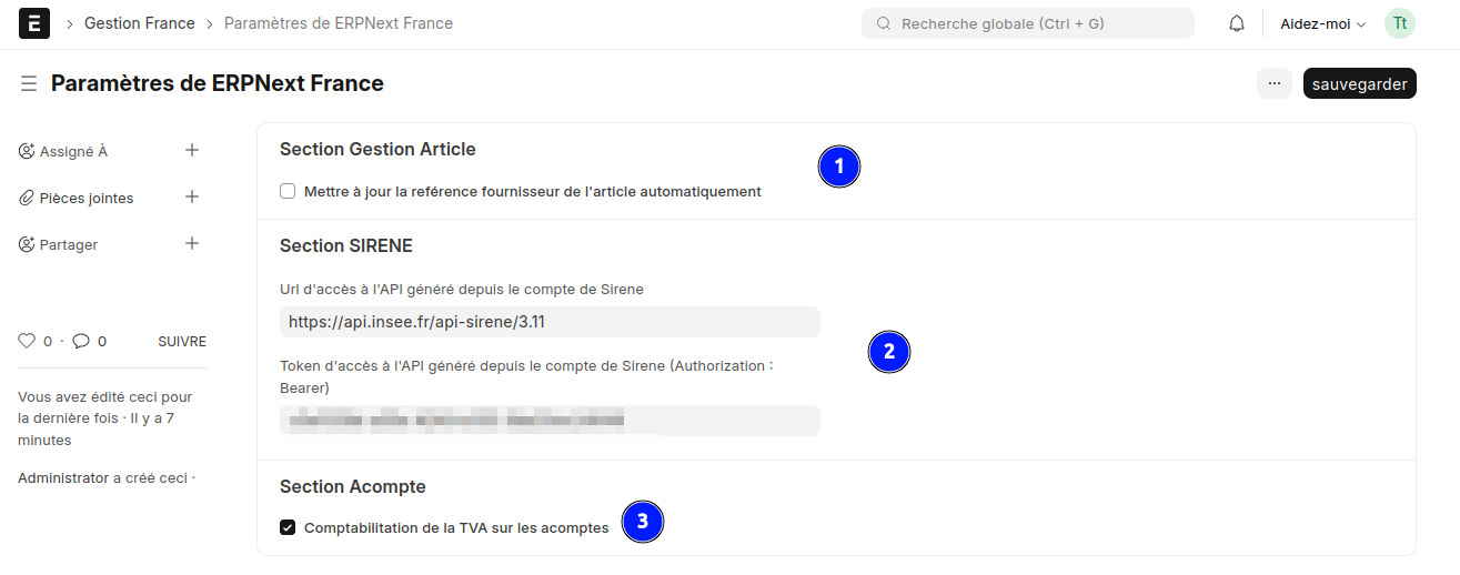 Interface des paramètres de l'application ERPNext France avec configuration de l'API SIRENE et de la TVA sur acomptes.