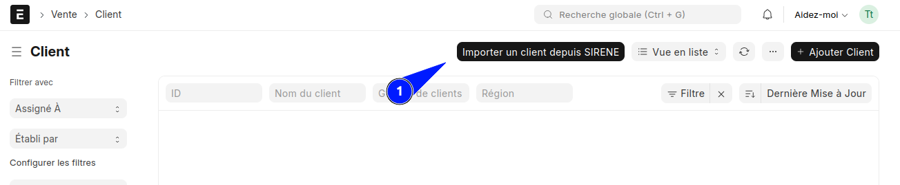 Bouton d'importation de client depuis l'API SIRENE situé dans la vue liste des clients d'ERPNext.