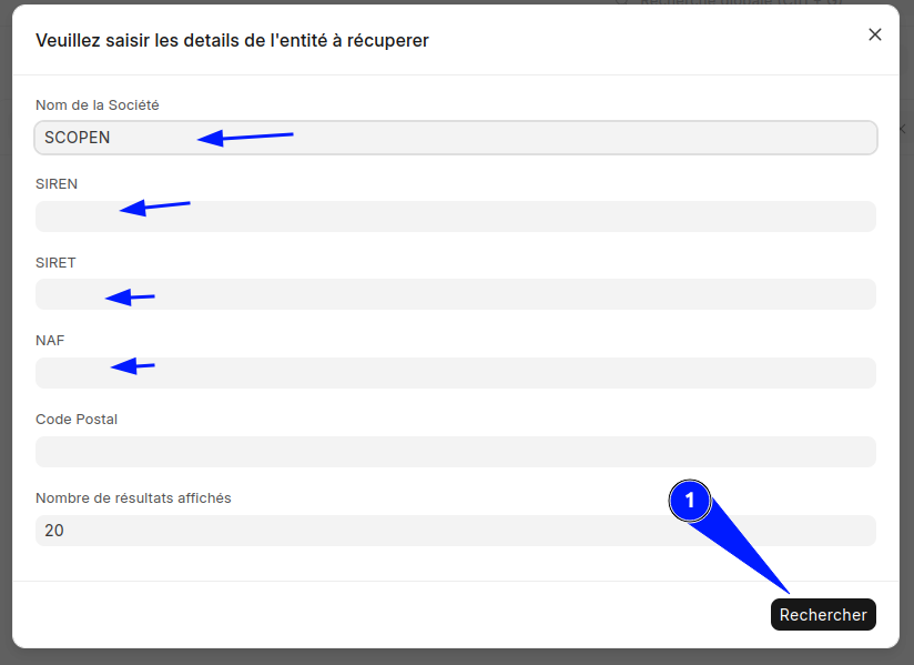 Boîte de dialogue ERPNext pour la recherche et l'importation de données d'entreprise via l'API SIRENE de l'INSEE.