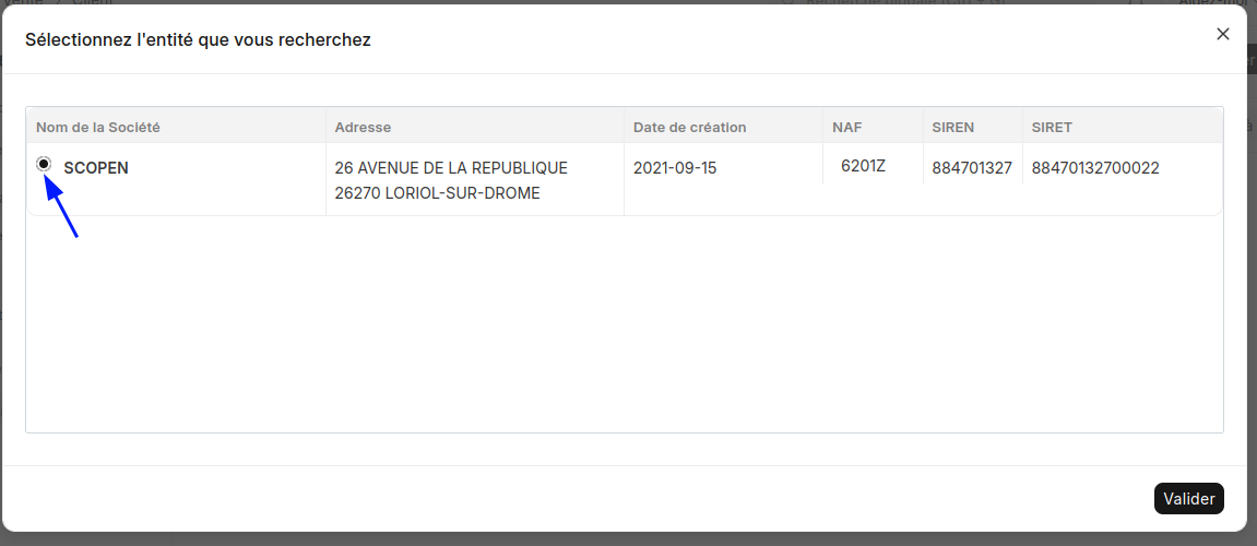Boîte de dialogue ERPNext pour la recherche et l'importation de données d'entreprise via l'API SIRENE de l'INSEE.