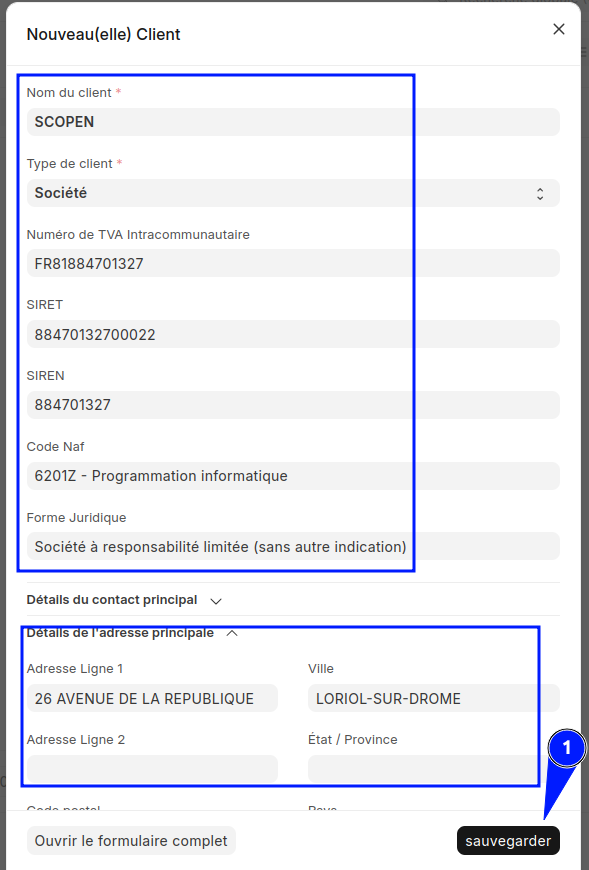 Formulaire de création de client ERPNext prérempli automatiquement avec les données légales issues de SIRENE (SIRET, NAF).