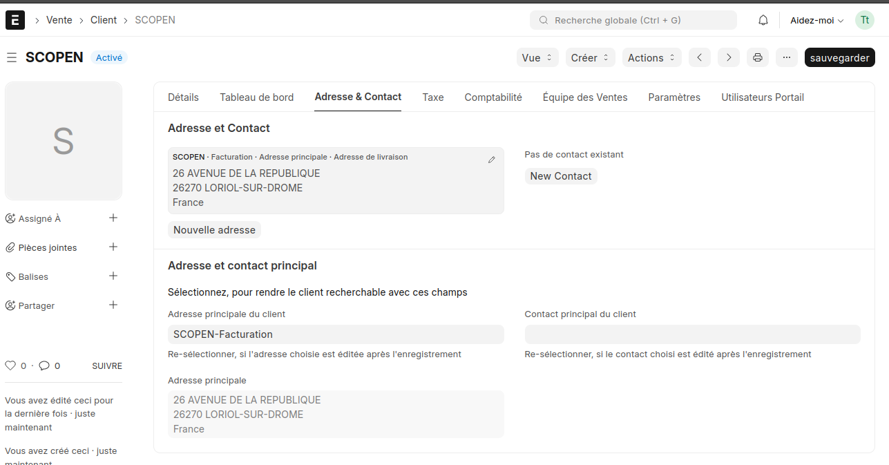 Détails d'une fiche article ERPNext illustrant le remplissage automatique de l’adresse via l’API SIRENE de l’INSEE.