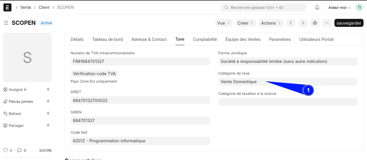 Configuration de la catégorie de taxe pour la vente domestique sur une fiche client dans l’application ERPNext France.