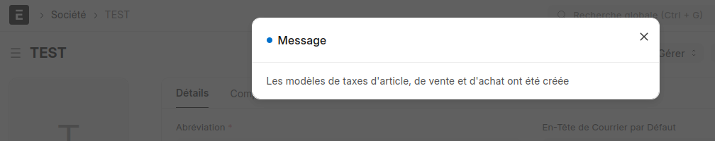 Message de succès confirmant la création automatique des modèles de taxes d'articles dans ERPNext.
