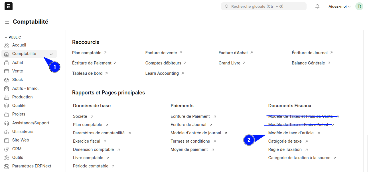 Tableau de bord du module comptabilité ERPNext mettant en évidence l'accès aux modèles de taxes d'articles.