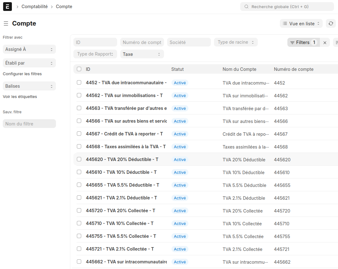 Vue en liste du plan comptable ERPNext filtrée sur les comptes de TVA française.
