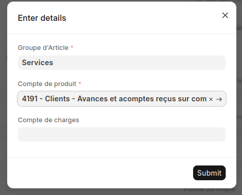 Fenêtre de configuration rapide pour lier un compte de produit à l'article d'acompte dans ERPNext.