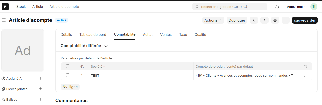 Détails de la fiche de l'article d'acompte générée automatiquement dans le système de stock d'ERPNext.