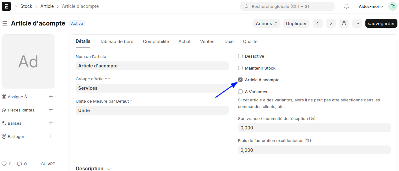 Détails de la fiche de l'article d'acompte générée automatiquement dans le système de stock d'ERPNext.