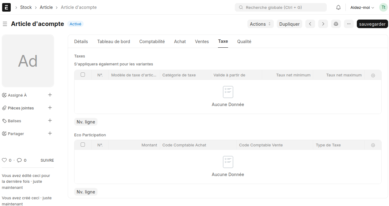 Détails de la fiche de l'article d'acompte générée automatiquement dans le système de stock d'ERPNext.