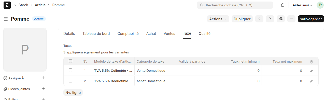 Onglet taxe d'une fiche article ERPNext configuré avec un modèle de TVA française à 5.5%.