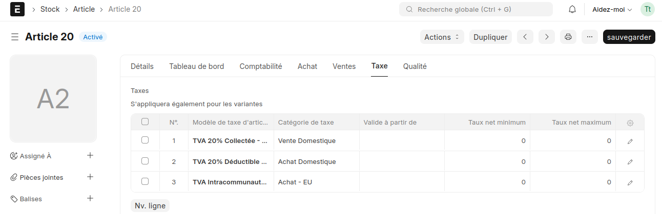 Onglet taxe d'une fiche article ERPNext configuré avec un modèle de TVA française à 20%.