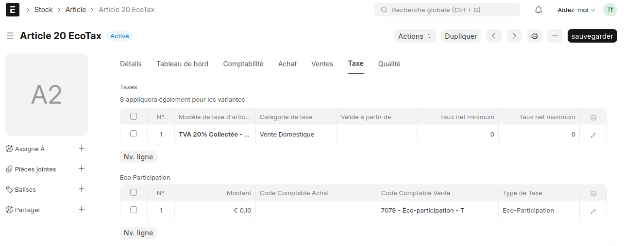 Paramétrage d'une fiche article ERPNext incluant la TVA à 20% et une ligne dédiée à l'éco-participation.