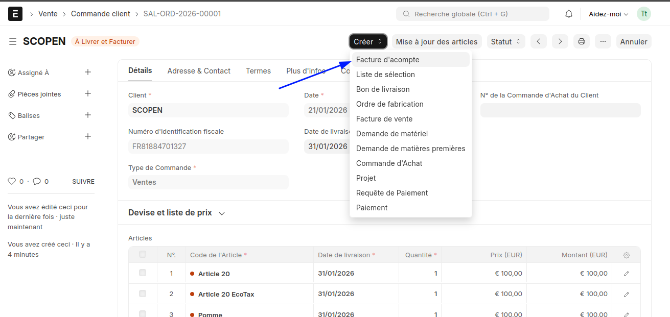 Menu déroulant de commande ERPNext illustrant la création d'une facture d'acompte.