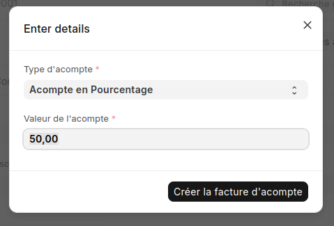 Boîte de dialogue ERPNext permettant de définir le pourcentage de la facture d'acompte.
