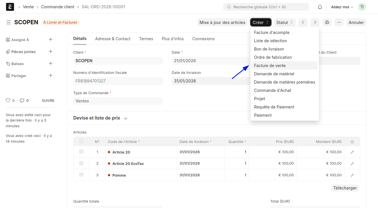Génération de la facture de vente finale depuis une commande client dans ERPNext.