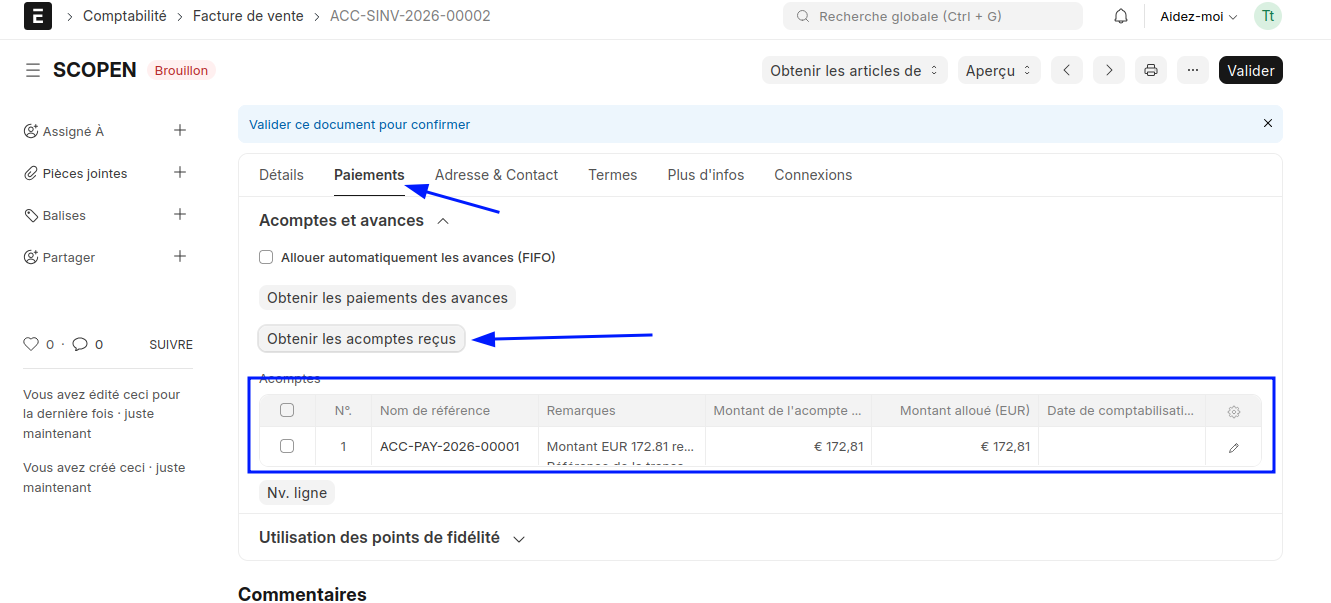 Interface de facture ERPNext permettant d'obtenir et de déduire les acomptes précédemment reçus.