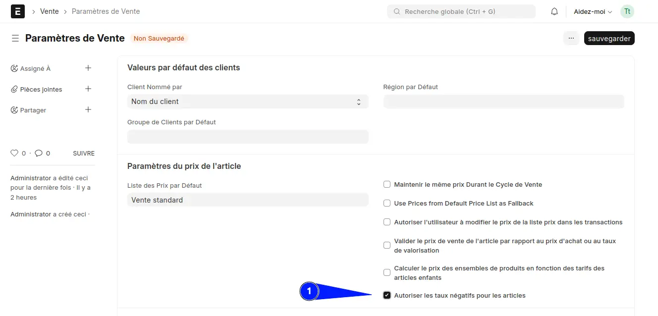 Activation de l'option autorisant les taux négatifs dans les paramètres de vente d'ERPNext.
