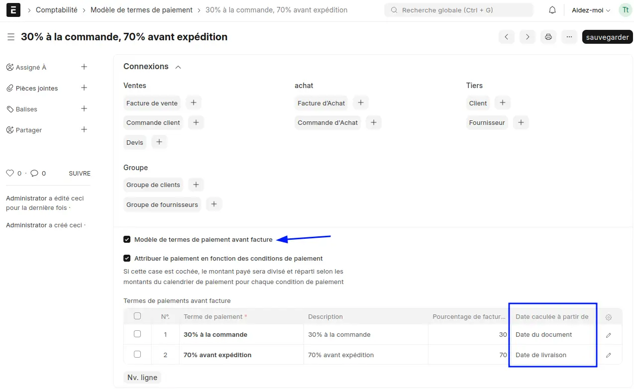 Configuration d'un modèle de termes de paiement avant facture (acompte et solde) dans l’application ERPNext France.