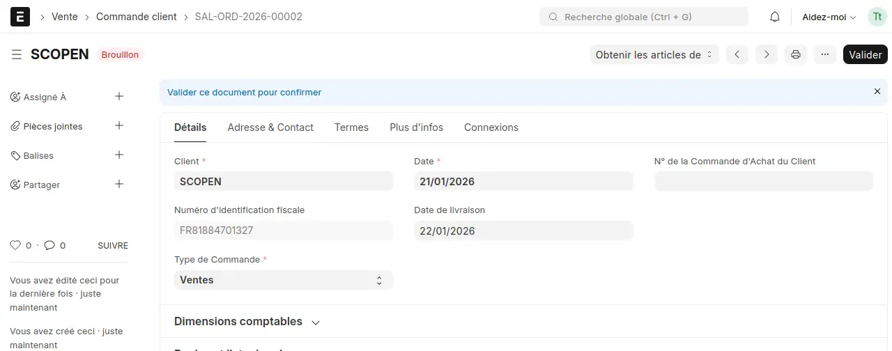 Onglet termes d'une commande client ERPNext générant automatiquement un calendrier de paiement pré-facturation.