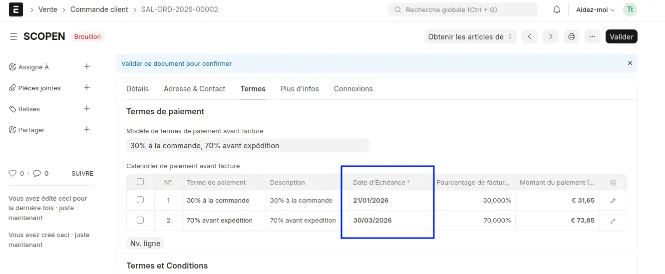 Onglet termes d'une commande client ERPNext générant automatiquement un calendrier de paiement pré-facturation.