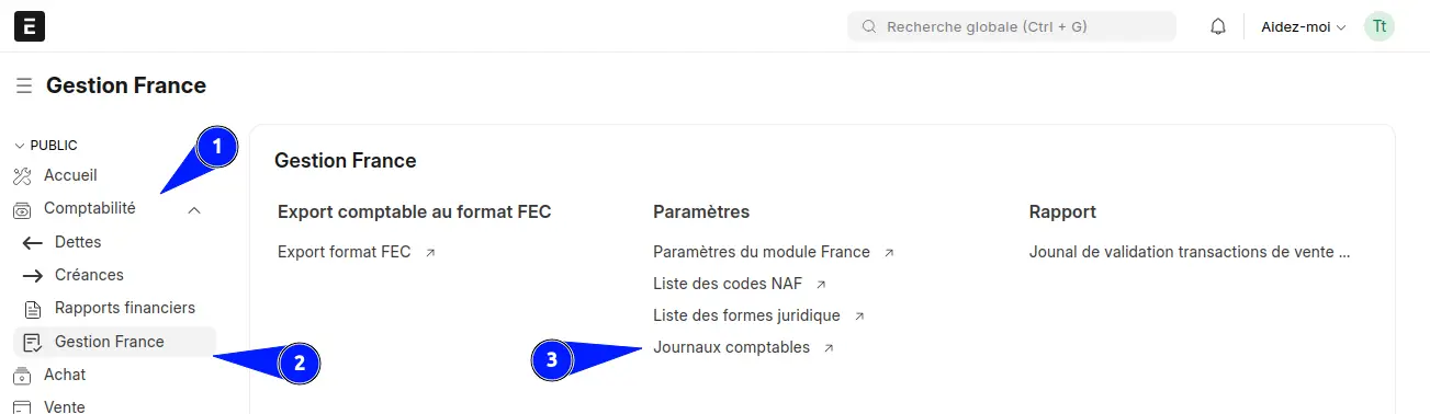 Accès à l’édition des journeaux comptables dans ERPNext.