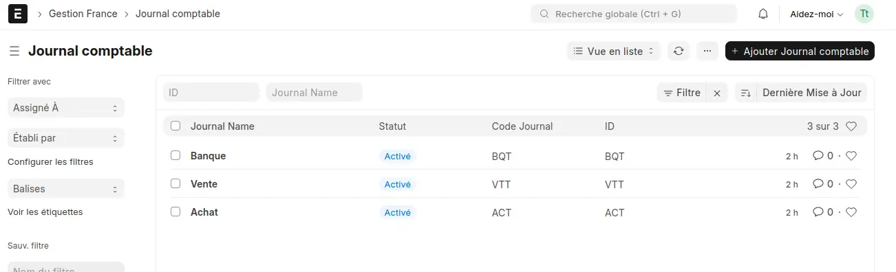 Vue en liste des journaux comptables (Achat, Vente, Banque) configurés pour l'export FEC dans l’application ERPNext France.