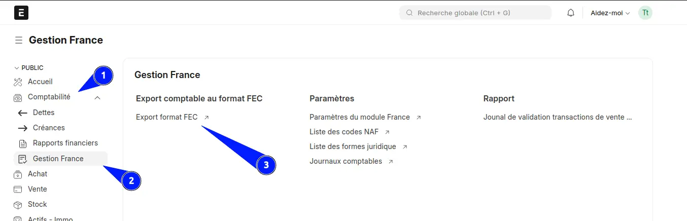 Accès à l'outil de génération du Fichier des Écritures Comptables (FEC) dans l’application ERPNext France.