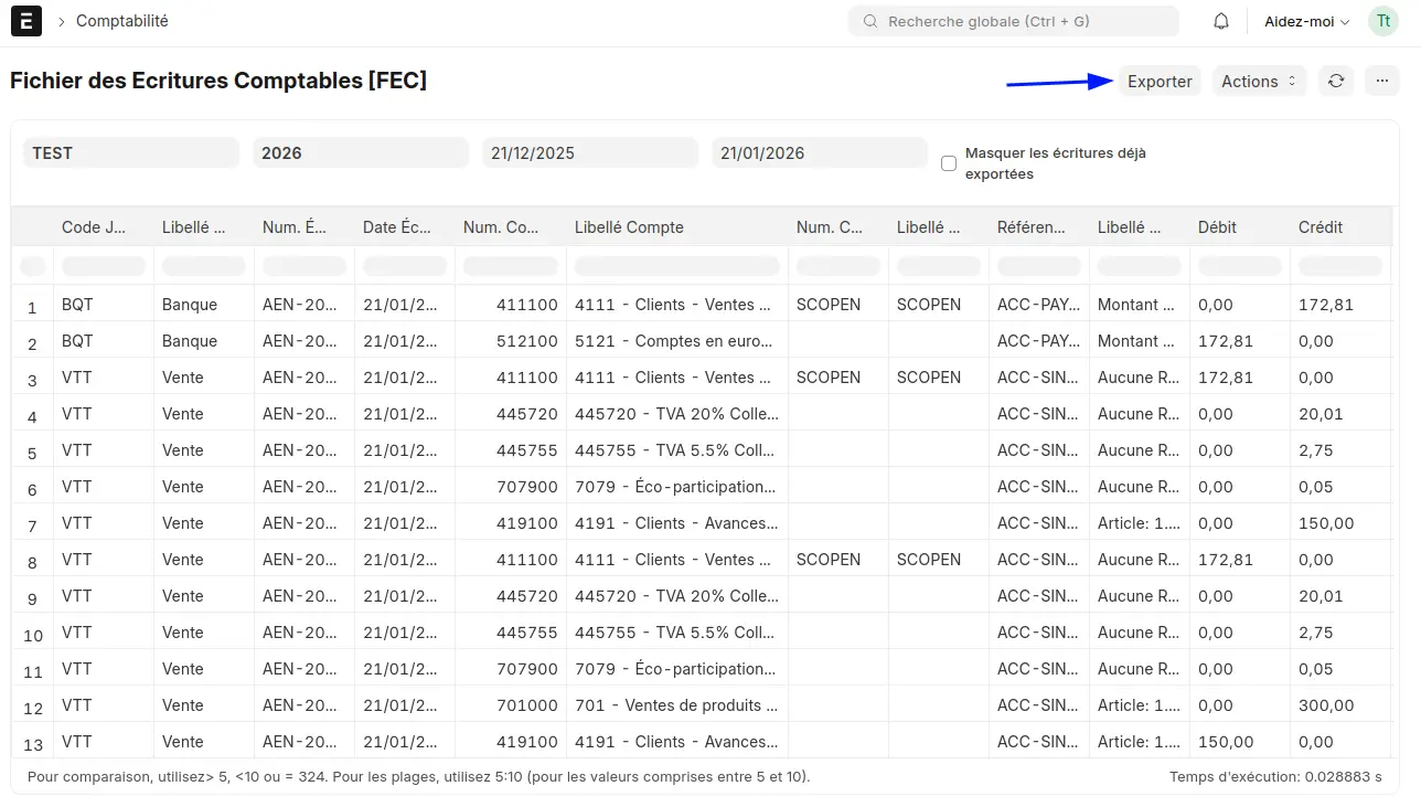 Tableau de bord de l'export FEC dans ERPNext affichant les écritures comptables formatées pour l'administration fiscale.