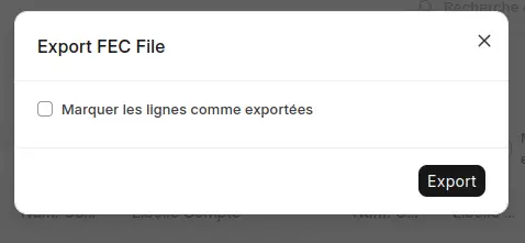 Fenêtre modale permettant de marquer les lignes comme exportées lors de la génération du FEC dans l’application ERPNext France.