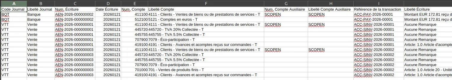 Aperçu sous tableur du Fichier des Écritures Comptables (FEC) généré par l'application ERPNext France.