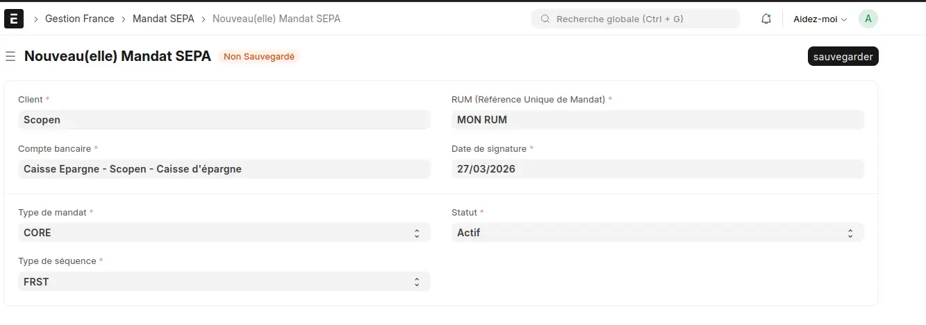 Formulaire de création d'un mandat de prélèvement SEPA (RUM, compte bancaire) pour un client dans l’application ERPNext France.