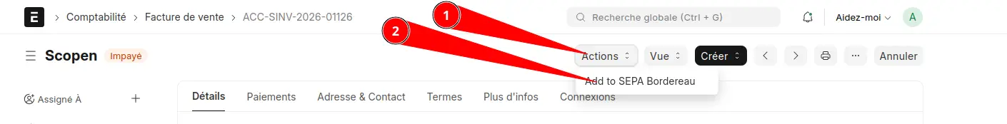 Action permettant d'ajouter une facture de vente à un bordereau de prélèvement SEPA dans l’application ERPNext France.