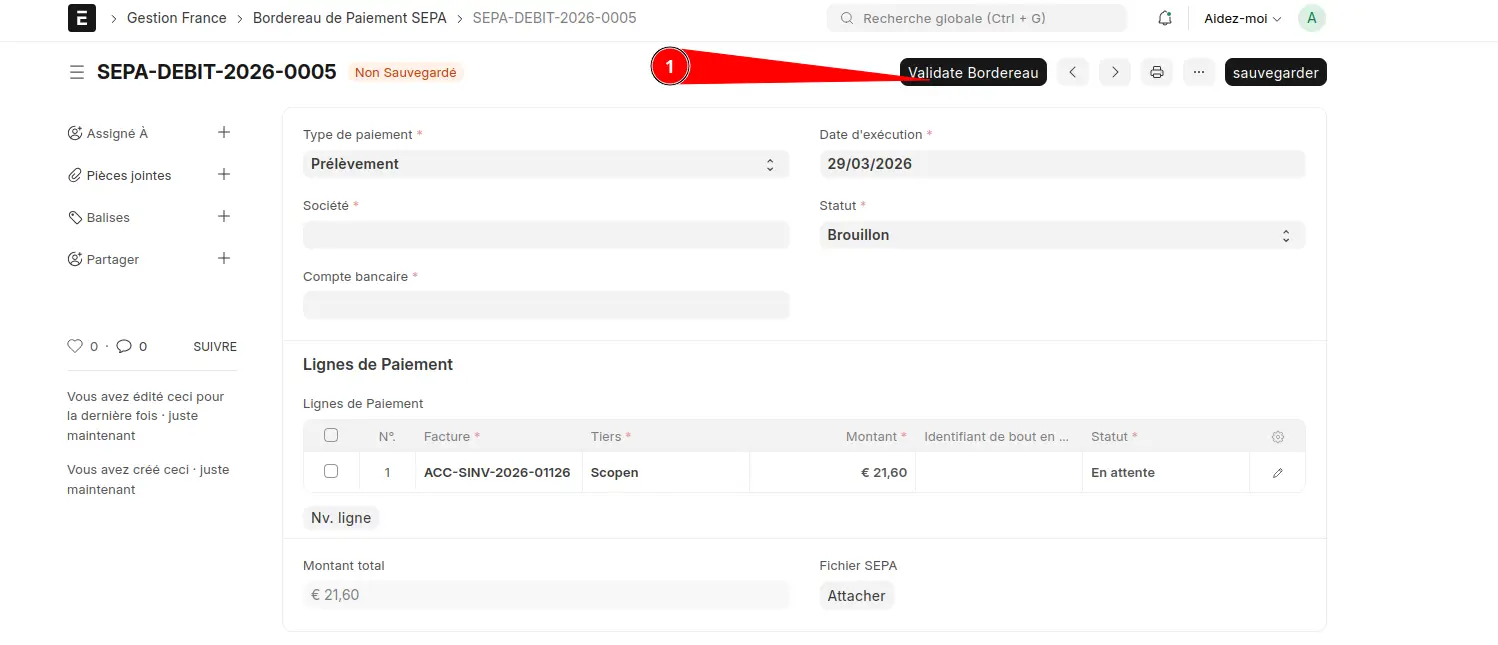 Validation d'un bordereau de paiement SEPA (Direct Debit) regroupant les factures clients dans l’application ERPNext France.