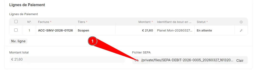 Lignes de paiement d'un bordereau SEPA ERPNext incluant le lien de téléchargement vers le fichier XML généré.